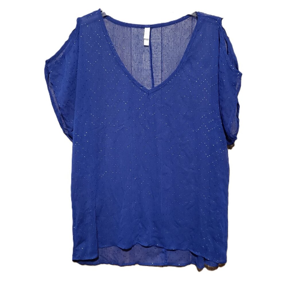 Xhilaration XL Blue Beaded Chiffon Cold Shoulder Sheer Top Blouse Short Sleeve‎
